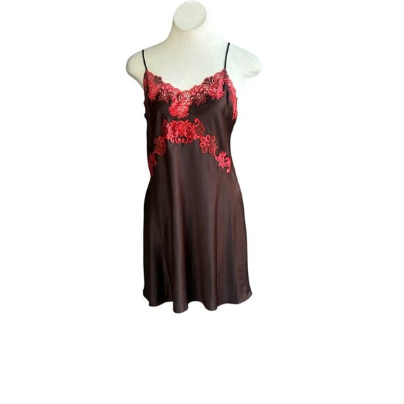 Natori Brown and Red Lace Satin Negligee and Robe Loungewear Set Size Small - Picture 2 of 10